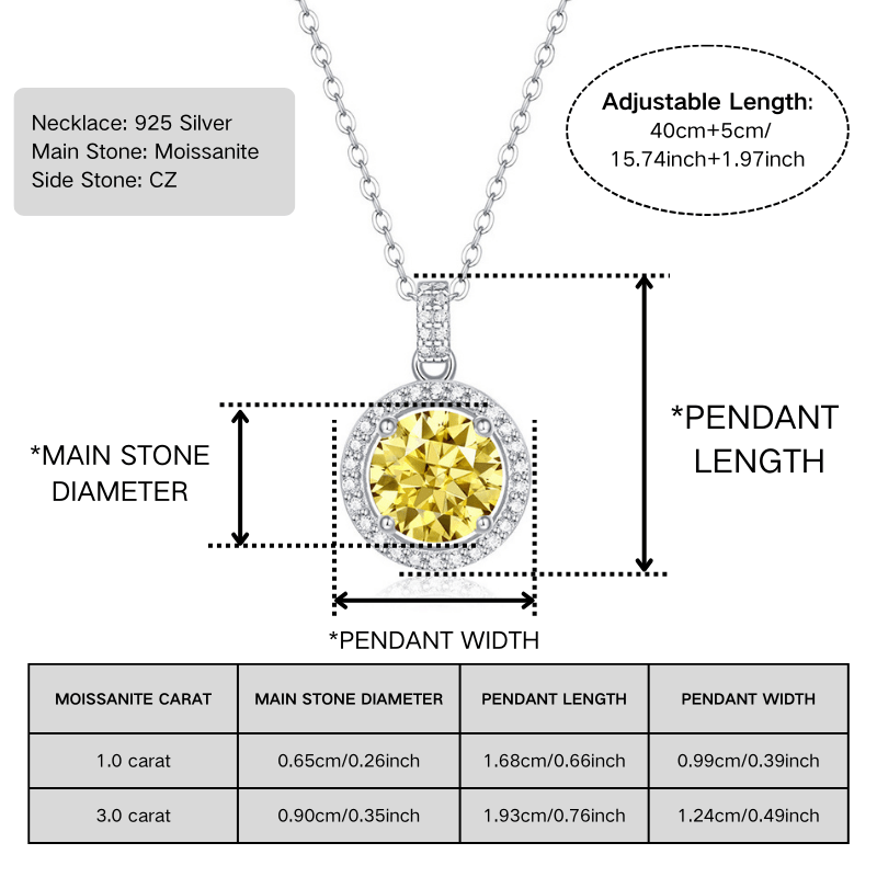 1/3 Carat 925 Silver Yellow Moissanite Double Row Pendant Necklace